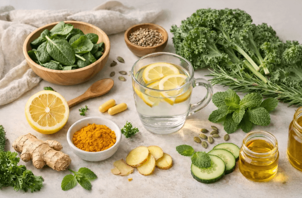 Flat lay of fresh leafy greens, herbs, and lemon water on a light kitchen surface